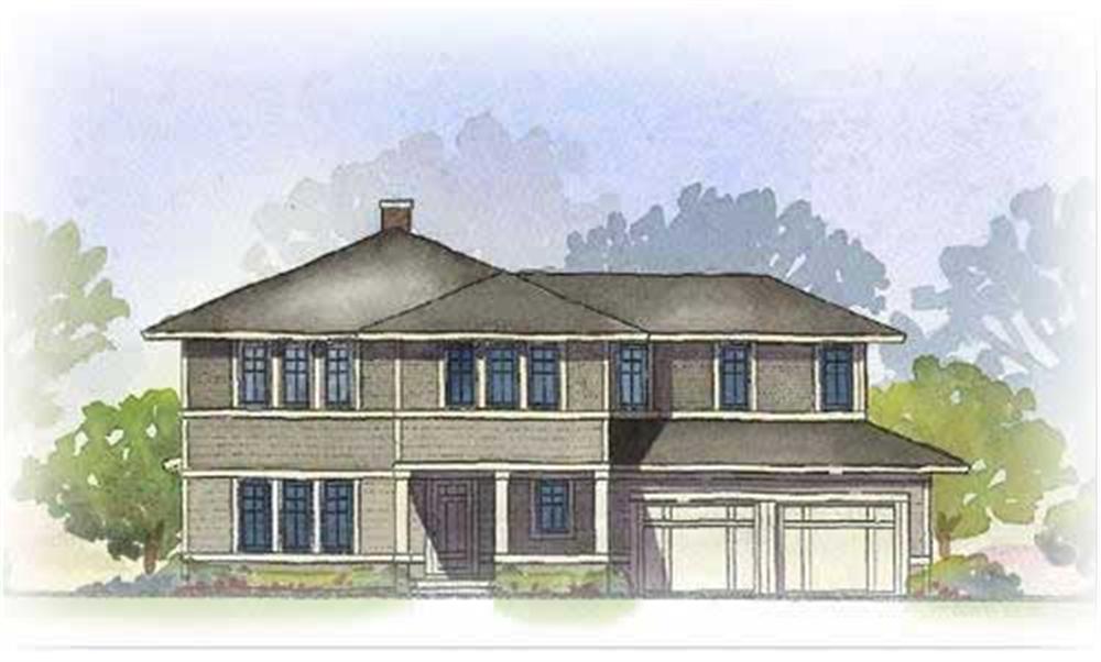 This image is a colored front elevation of these Prairie Homeplans.