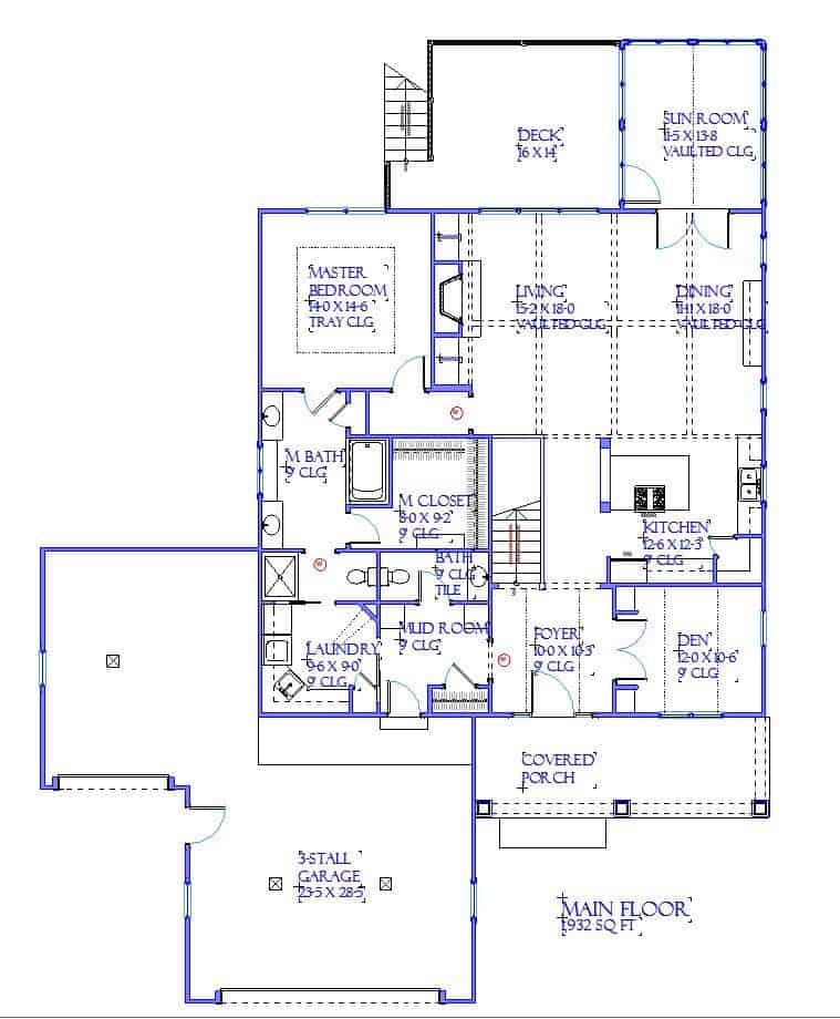 Floor Plan Main Level of Ranch Plan #168-1142
