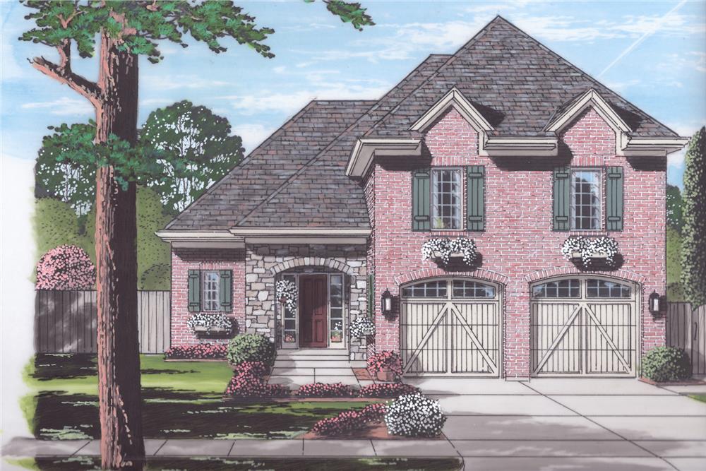 Front elevation of European home plan (ThePlanCollection: House Plan #169-1056)