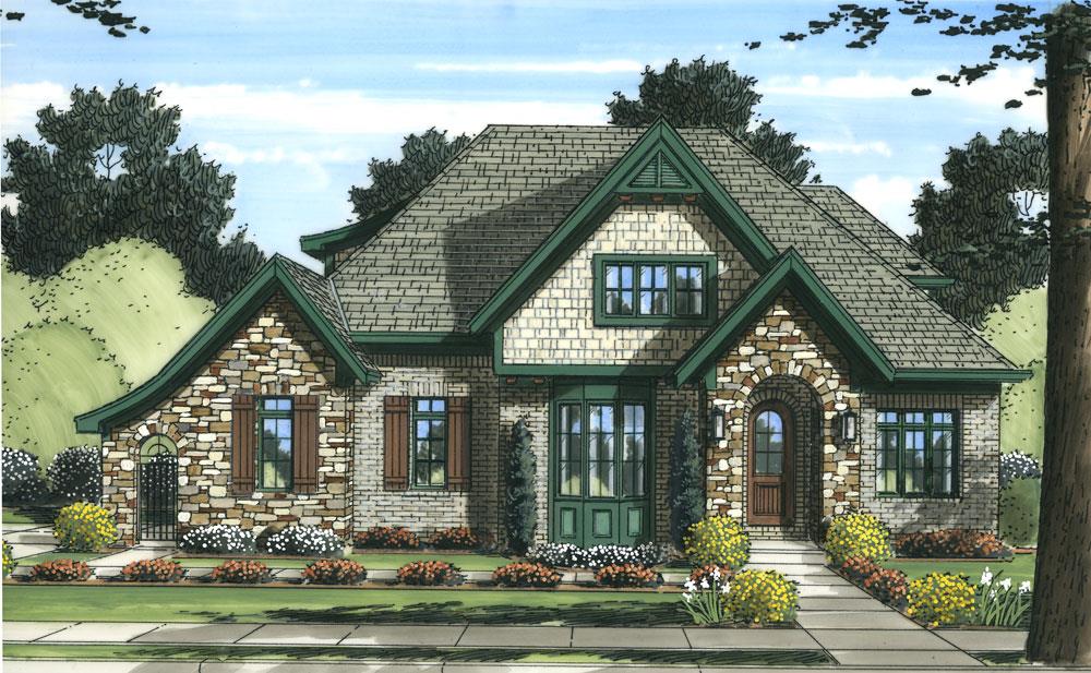 Front elevation of Tudor home (ThePlanCollection: House Plan #169-1057)