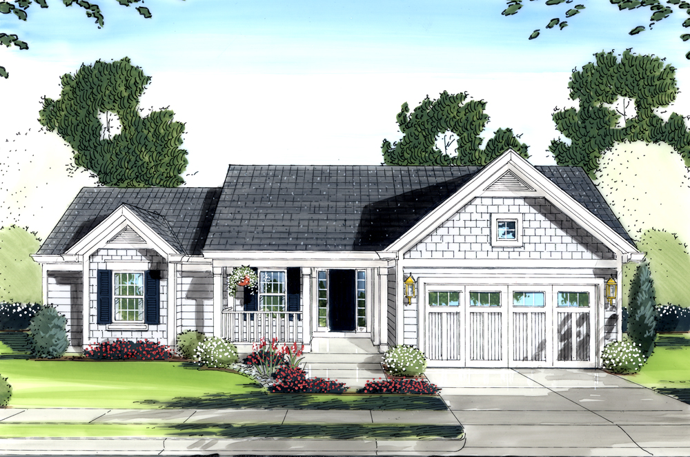 Front elevation of traditional 1-story home (ThePlanCollection: House Plan #169-1088)