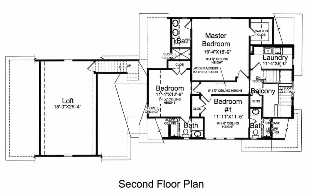 Floor Plan Upper Level of Craftsman Plan #169-1175