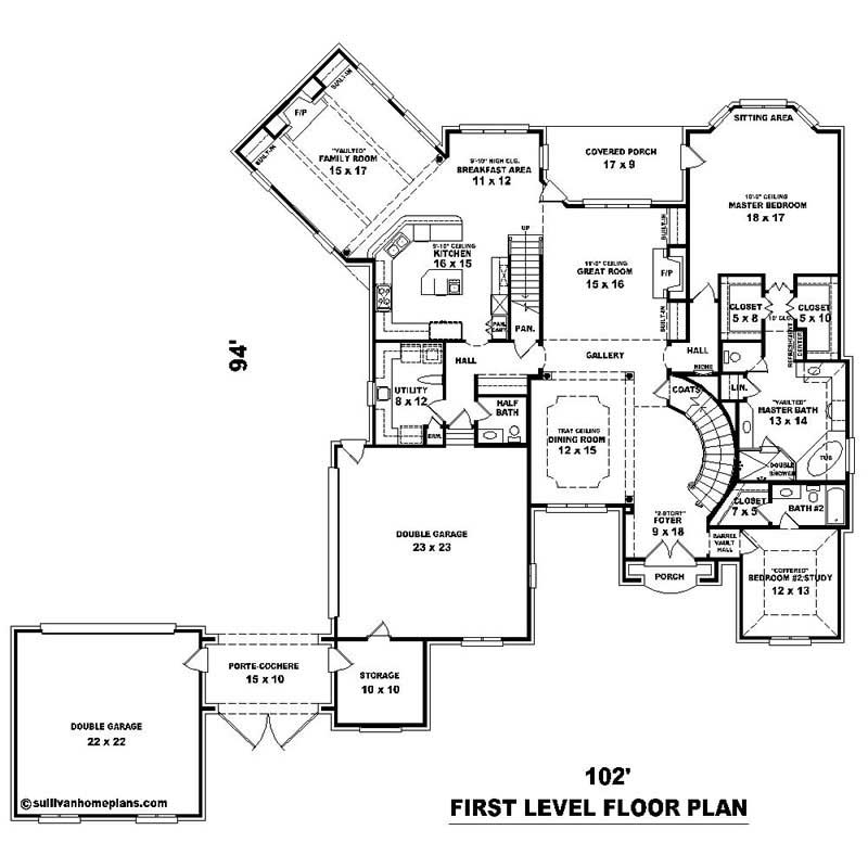 Floor Plan First Story of Southern Plan #170-1008