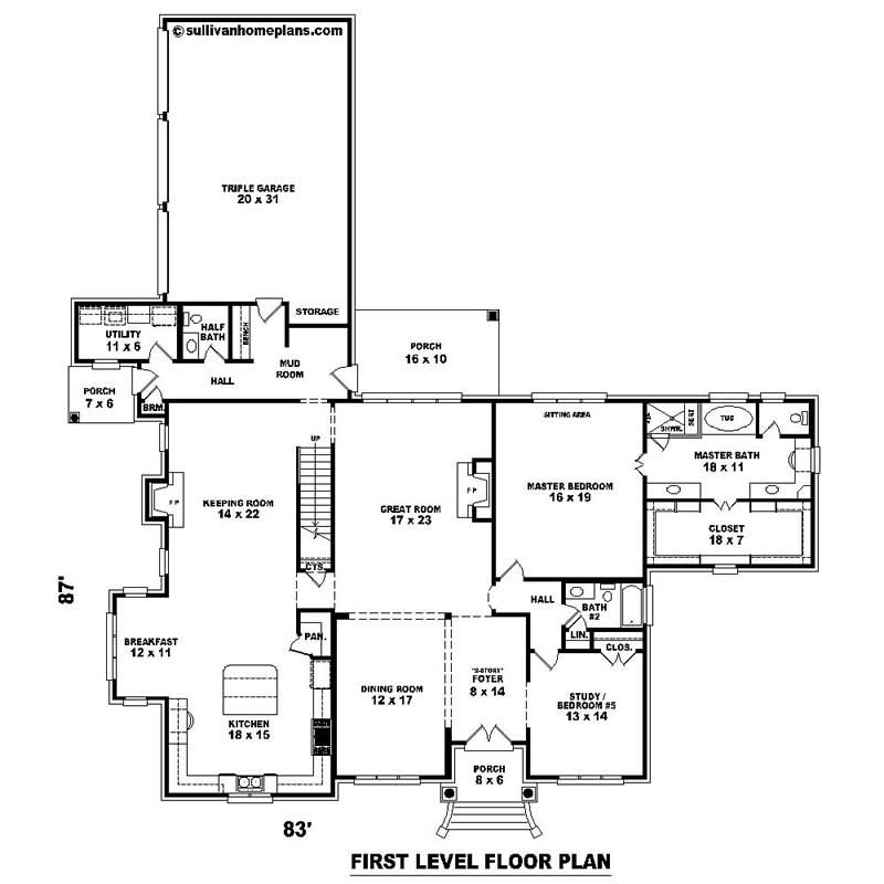Floor Plan First Story of Southern Plan #170-1229