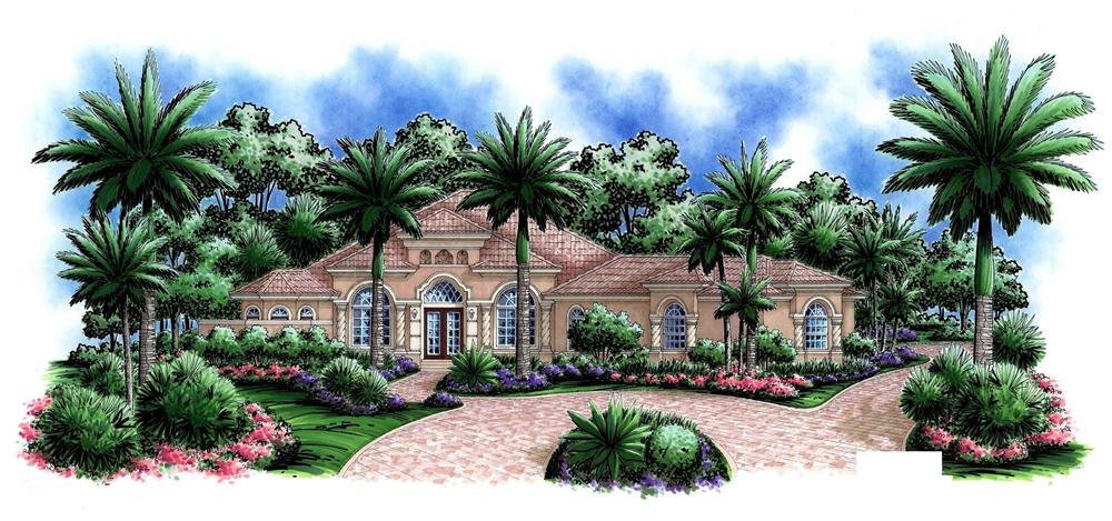 This image shows the front elevation of these Mediterranean Houseplans.