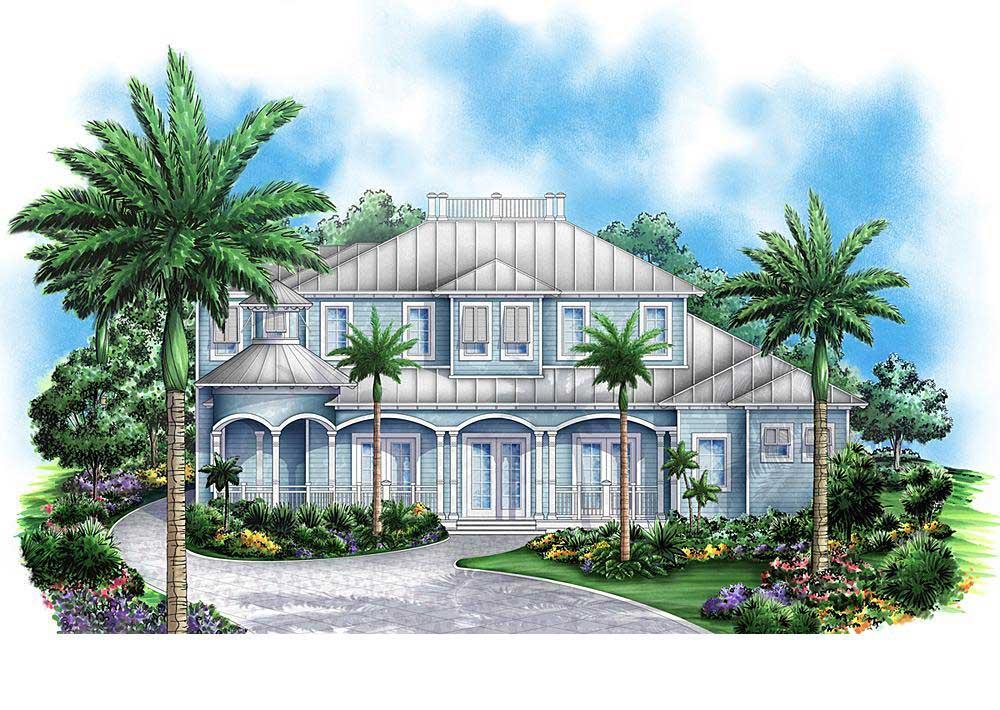 This is a colorful front elevation of these Coastal Home Plans.