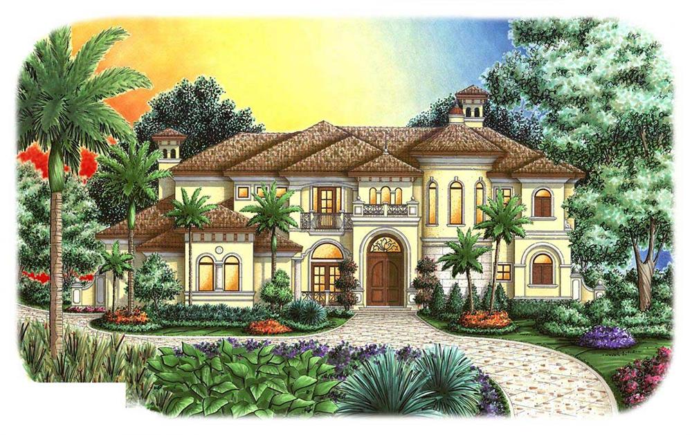 This is a colorful rendering of these Tuscan Mediterranean House Plans.