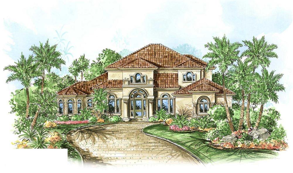 This is a colored front elevation for these Mediterranean House Plans.