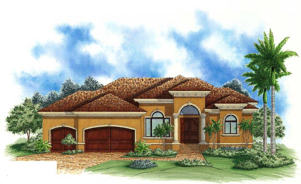 This is a colored elevation for these Mediterranean Home Plans.