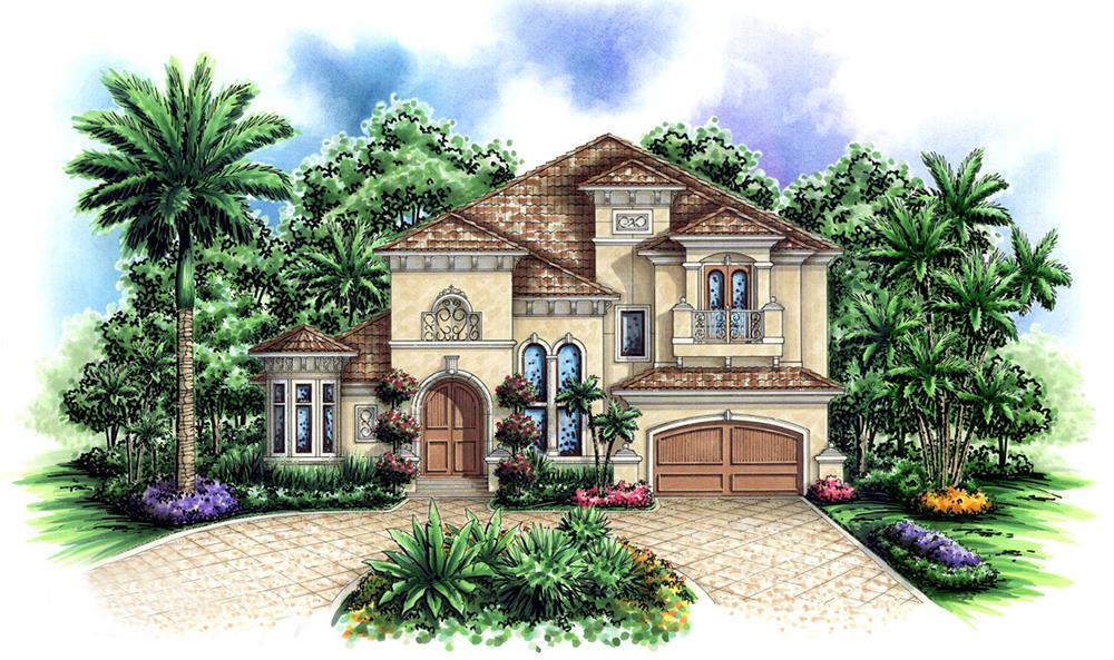 Front elevation of Tuscan home (ThePlanCollection: House Plan #175-1152)