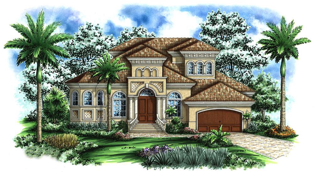Front elevation of Tuscan home (ThePlanCollection: House Plan #175-1161)