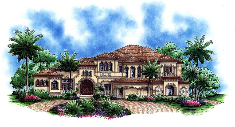 Front elevation of Tuscan home (ThePlanCollection: House Plan #175-1184)