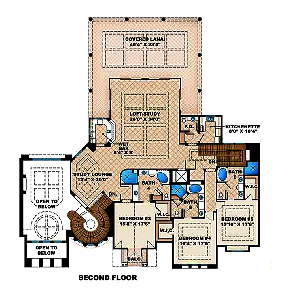 Floor Plan Second Story of Mediterranean Plan #175-1188