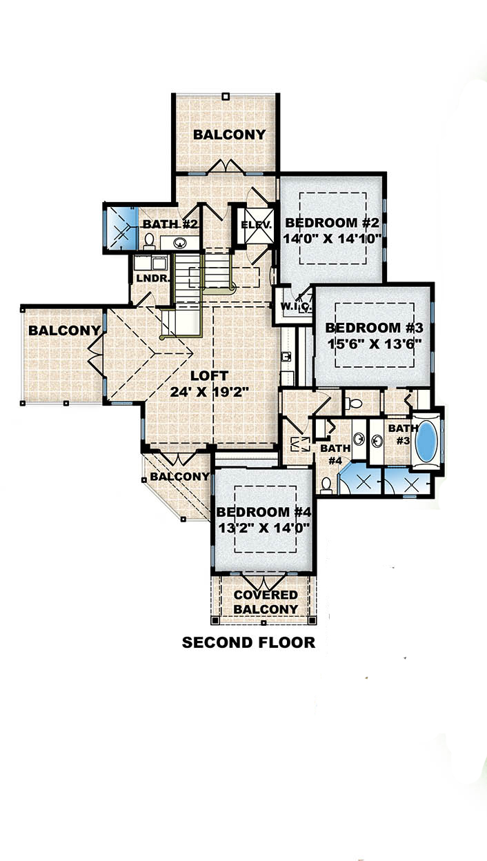 Floor Plan Second Story of Beachfront Plan #175-1260