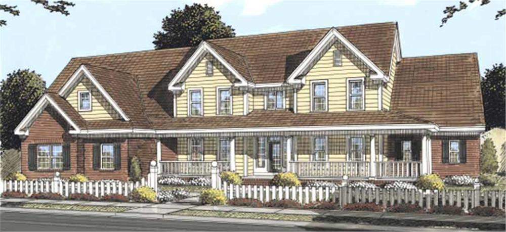 This image shows the front elevation of these Country House Plans, Farmhouse House Plans, 1-1/2 Story House Plans.