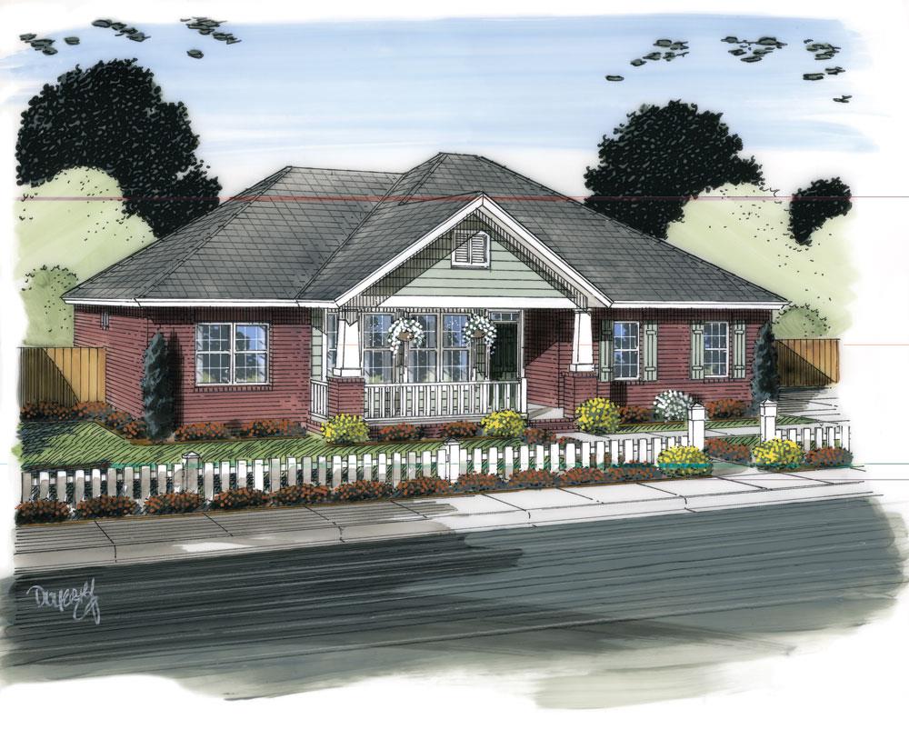Color rendering of Ranch home plan (ThePlanCollection: House Plan #178-1315)