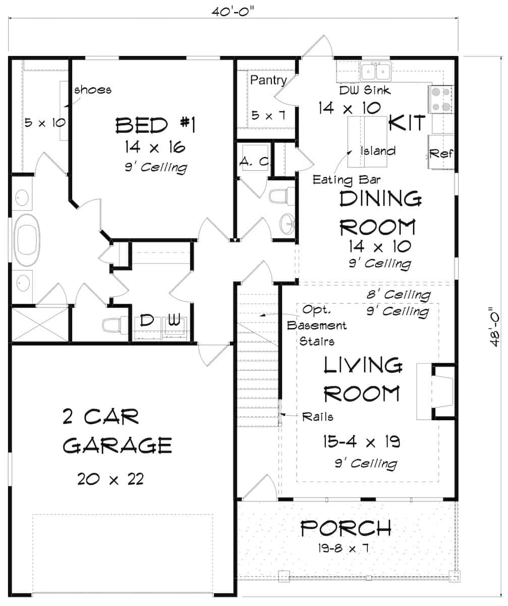 Floor Plan Main Level of Cottage Plan #178-1387