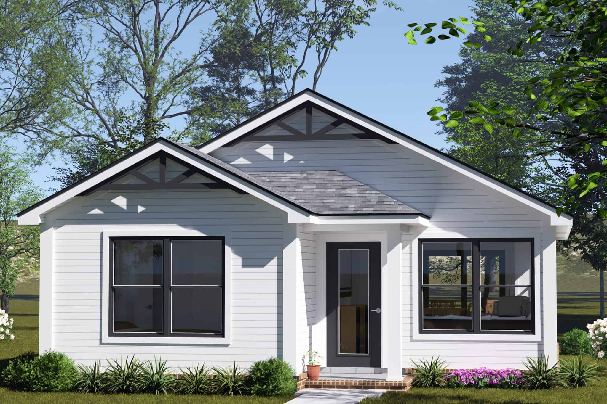 Cottage facade with two front gables, timber brackets in the peaks, white lap siding, and black-framed windows. 2 beds, 751 sq ft - Plan #178-1580
