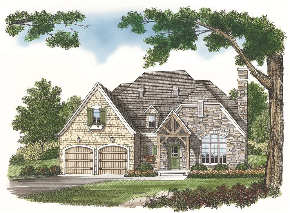 Front elevation of French country style home (ThePlanCollection: House Plan #180-1005)