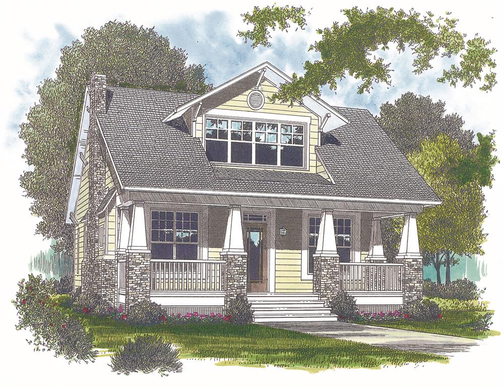 Front elevation of bungalow home (ThePlanCollection: House Plan #180-1007)