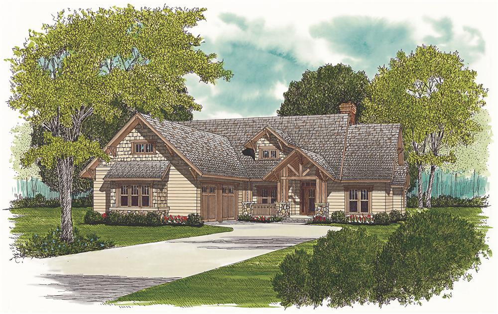 Front elevation of Craftsman home (ThePlanCollection: House Plan #180-1008)