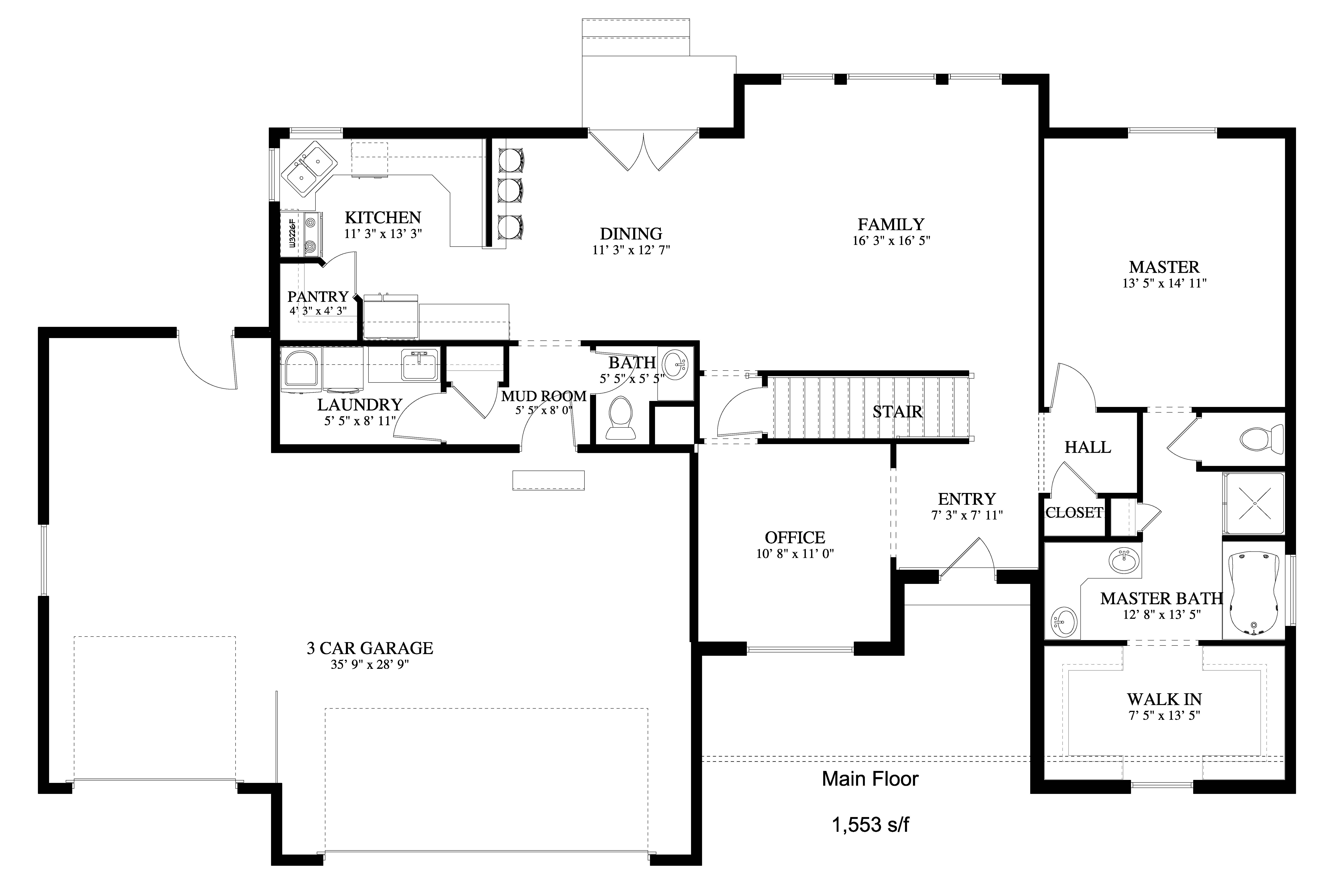 Main Level of Farmhouse Plan #187-1139