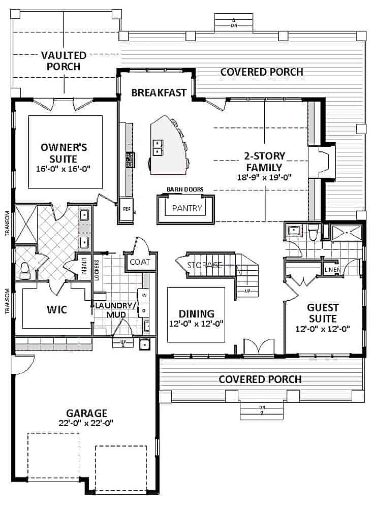 Floor Plan Main Level of Farmhouse Plan #189-1122