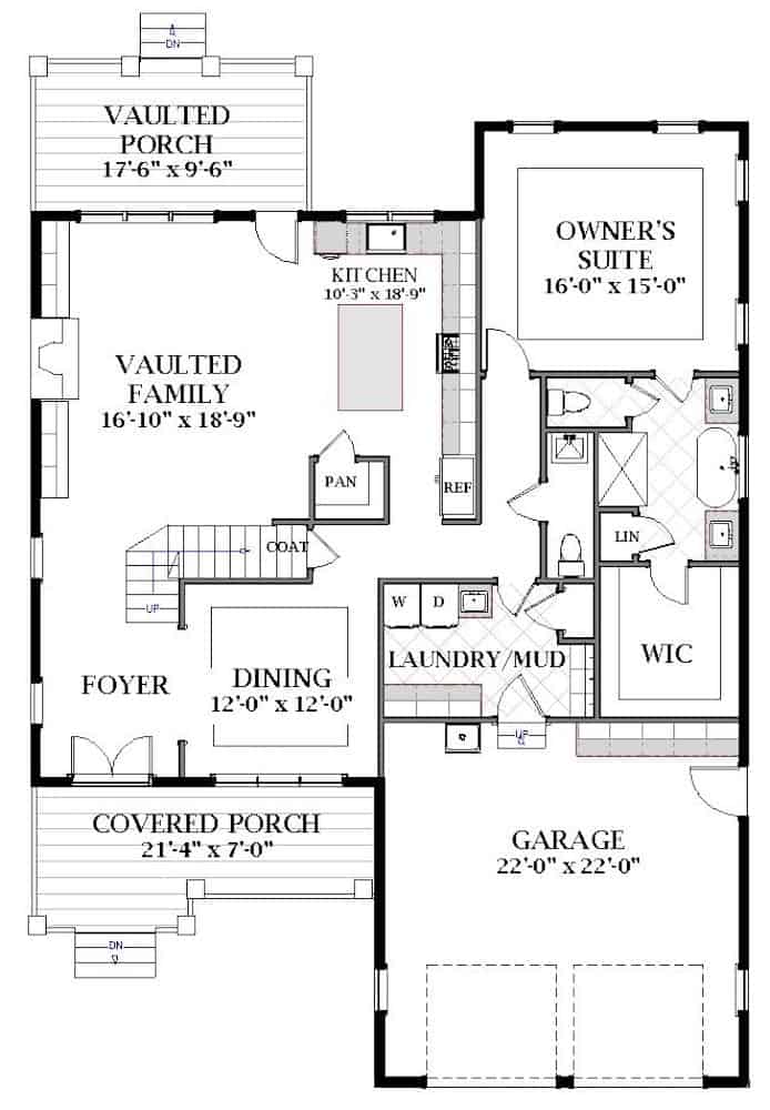 Floor Plan Main Level of Farmhouse Plan #189-1139