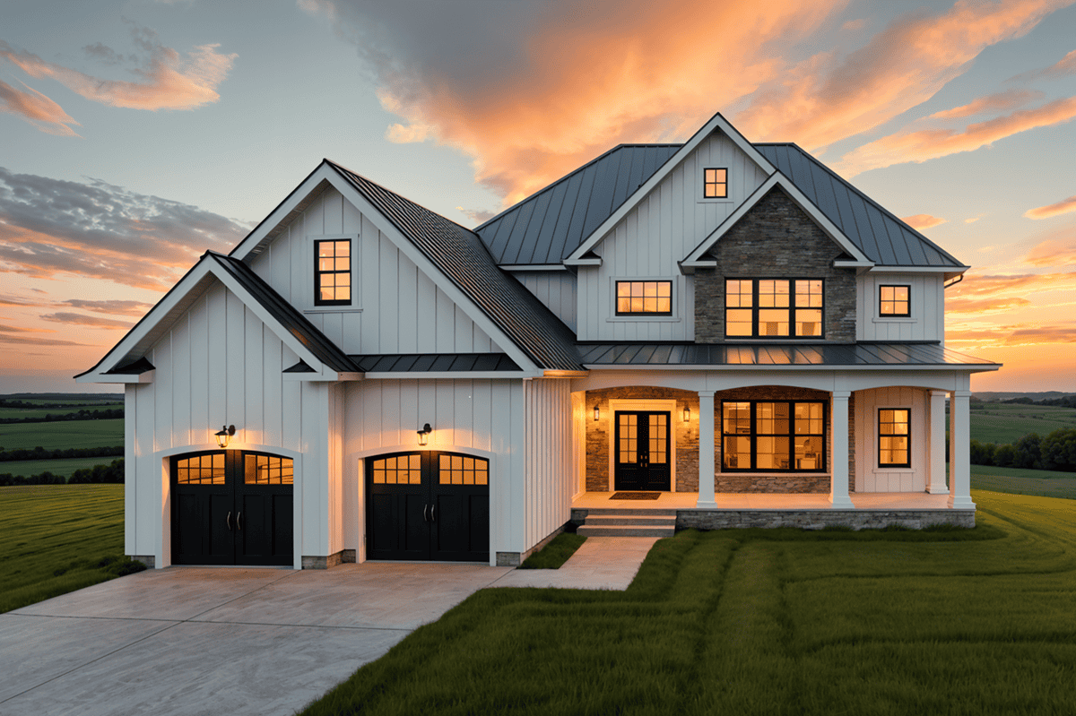 Front elevation of Modern Farmhouse home (ThePlanCollection: House Plan #189-1167)