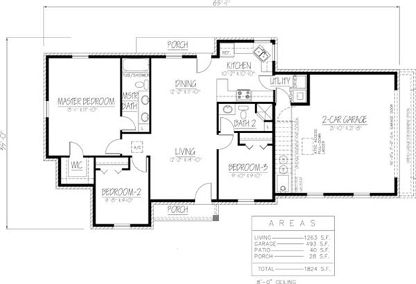 Floor Plan First Story of Ranch Plan #191-1020