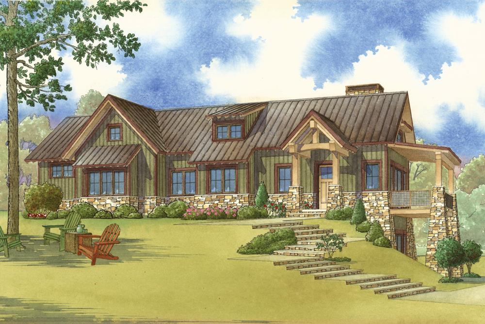 Color rendering of Arts and Crafts home plan (ThePlanCollection: House Plan #193-1064)