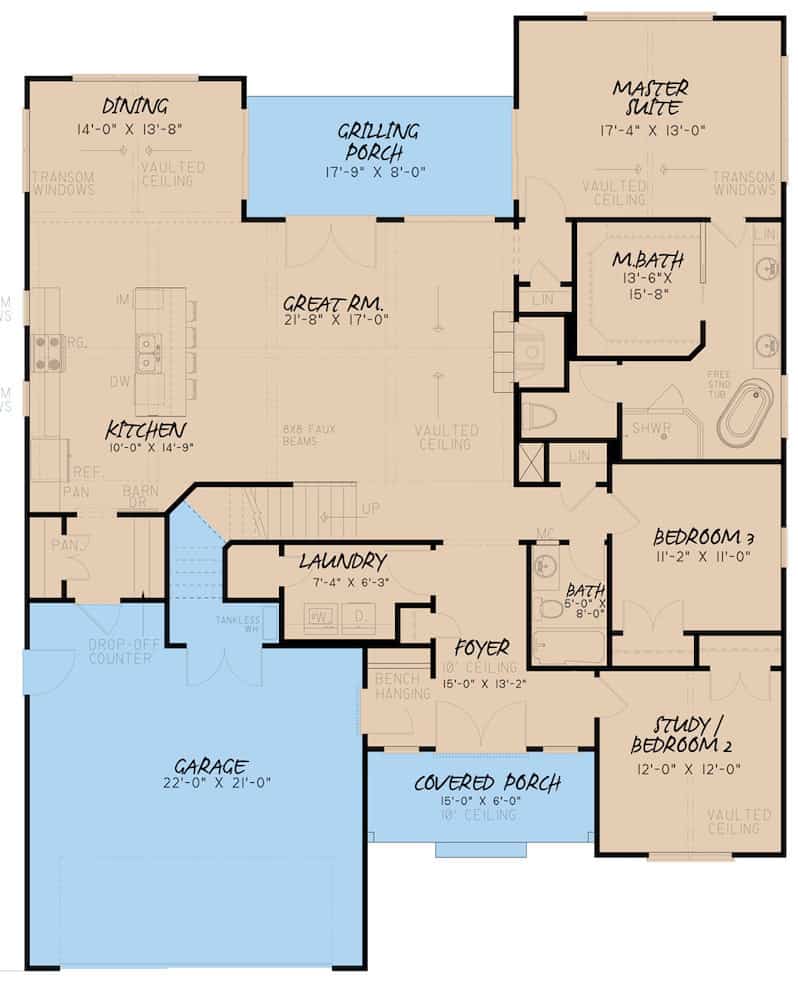 Floor Plan Main Level of Southern Plan #193-1153