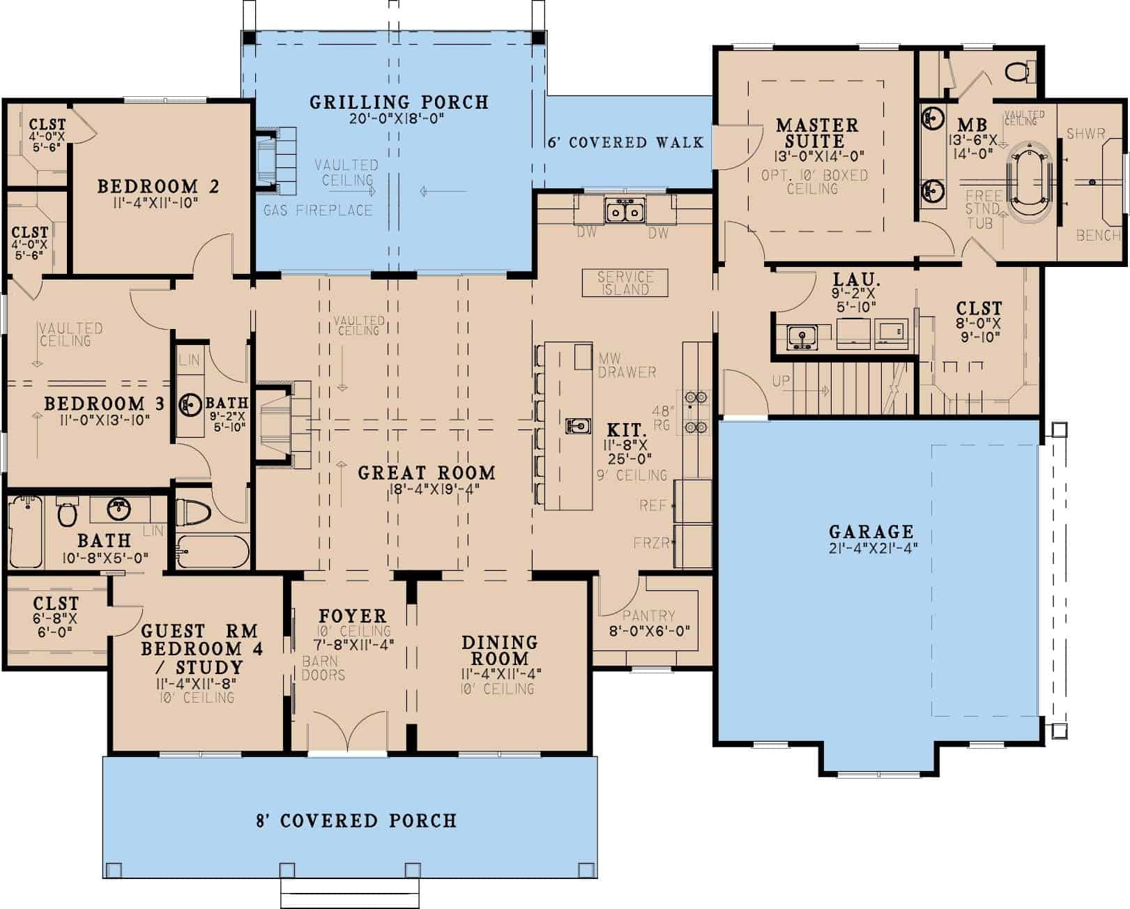 Main Level of Farmhouse Plan #193-1372