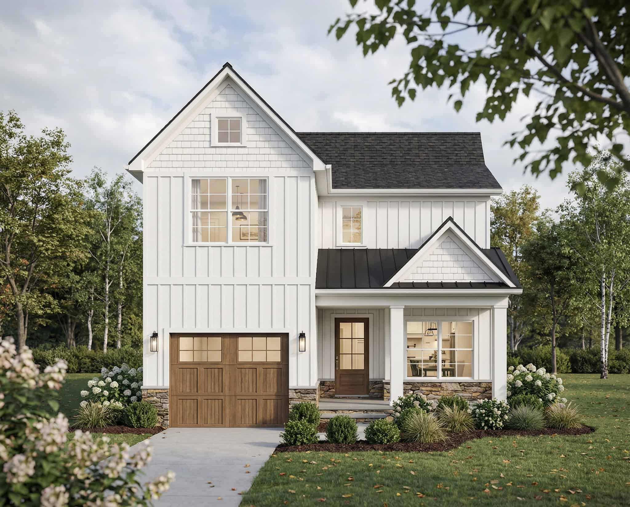 Farmhouse elevation with board-and-batten siding, standing-seam metal accent roof over the entry gable, stone veneer base course, and a covered front porch with carriage-style garage door. 3 beds, 1,737 sq ft — Plan #193-1396.