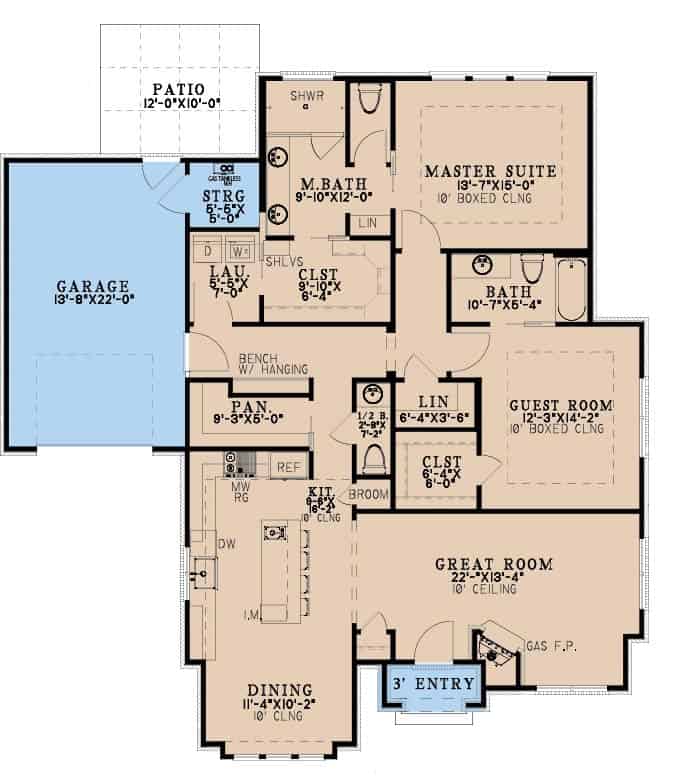 Main Level of Cottage Plan #193-1398