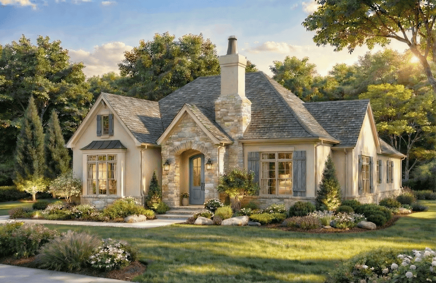 Front elevation of French home (ThePlanCollection: House Plan #193-1399)