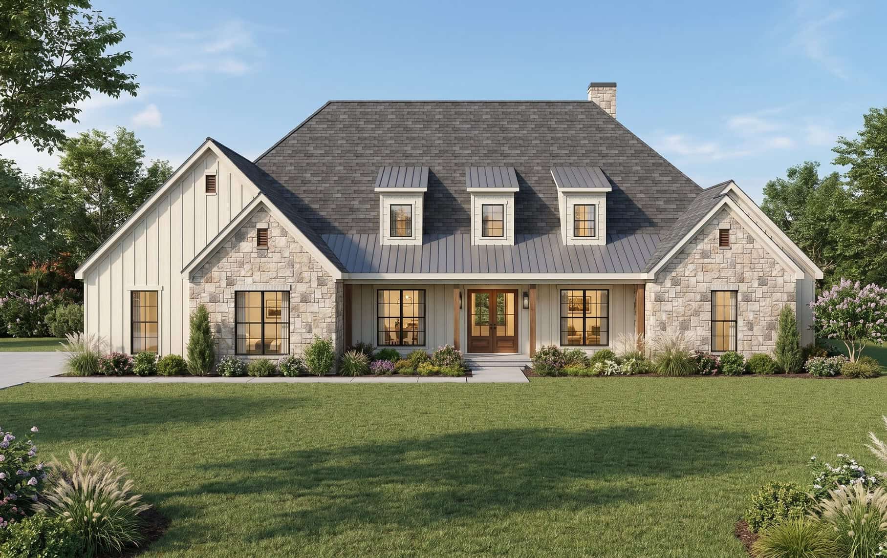 A Modern Farmhouse design with board-and-batten siding, stone accents, and gabled entry portico. 4 beds, 3,236 sq ft - Plan #193-1417