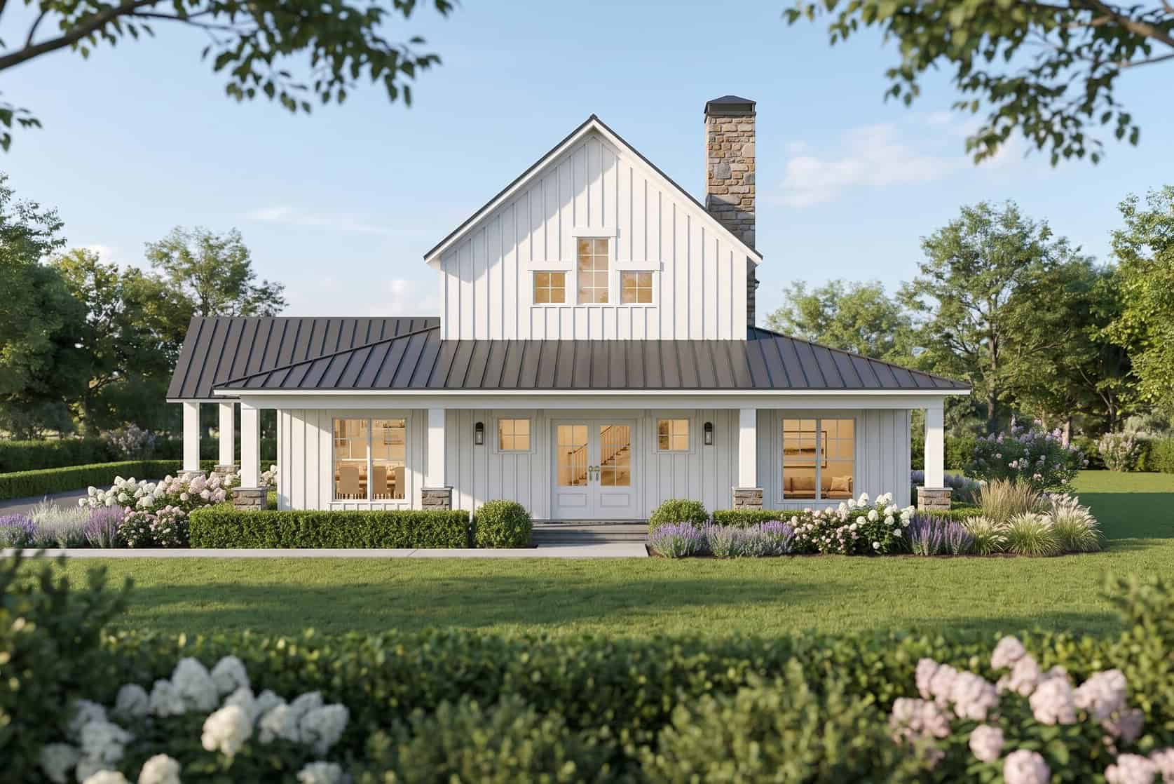 Modern Farmhouse elevation with metal roofing, mixed siding, and stone detailing accented by a covered porch. 3 beds, 2,882 sq ft - Plan #193-1418