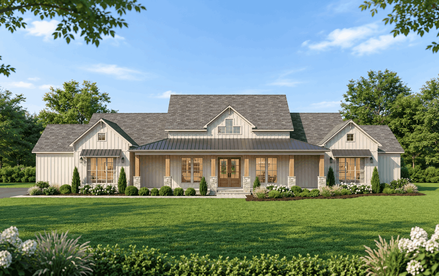 Modern Farmhouse elevation with covered front porch, gable roofline, and 2-car side-entry garage. 4 beds, 3,233 sq ft - Plan #193-1419