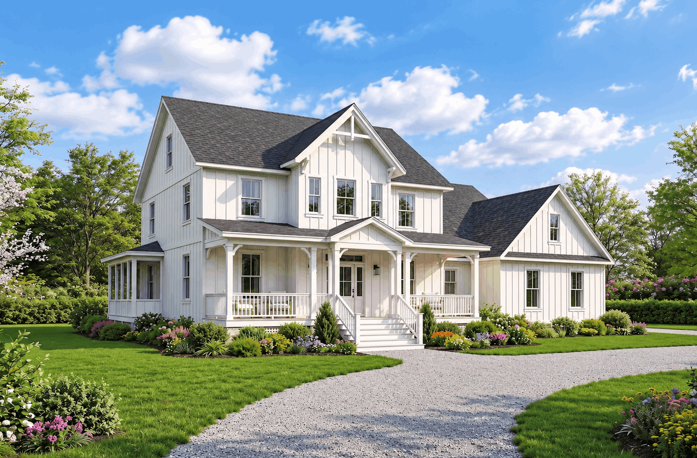 A two-story modern farmhouse with covered front porch, board-and-batten siding, and layered gable composition. 3 beds, 2,847 sq ft - Plan #193-1425
