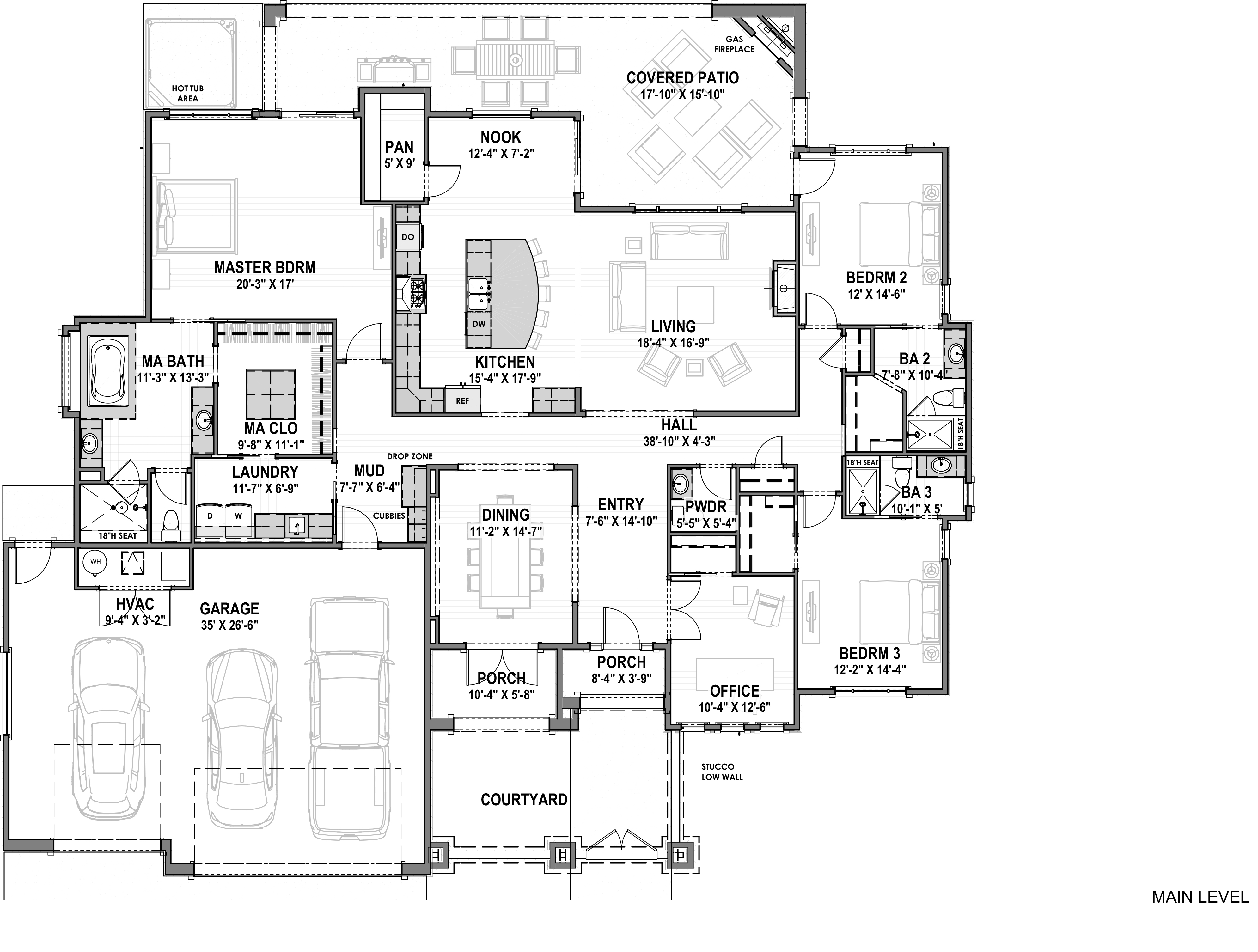 Floor Plan Main Level of Ranch Plan #194-1035