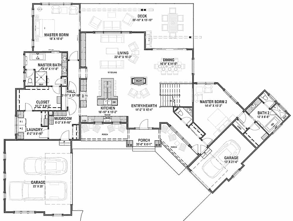 Floor Plan Main Level of Ranch Plan #194-1045