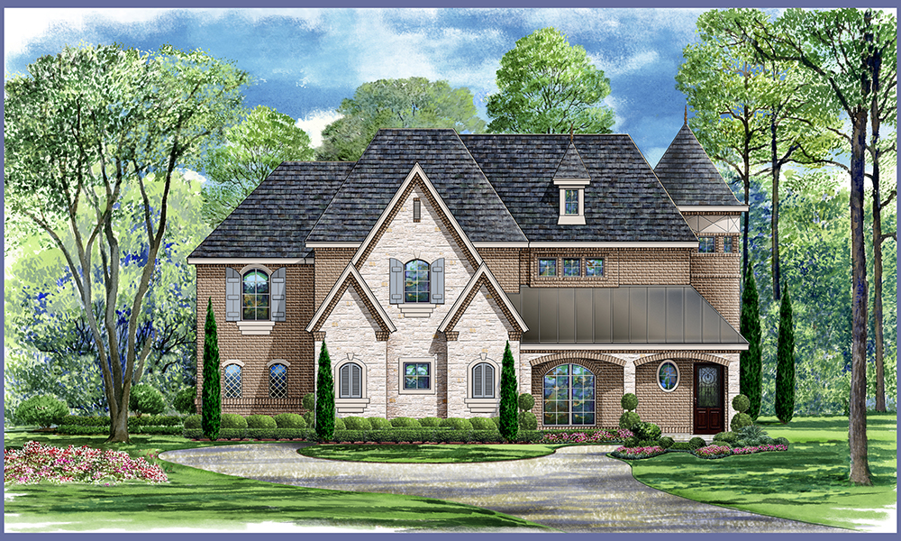 Front elevation of Tudor home (ThePlanCollection: House Plan #195-1021)
