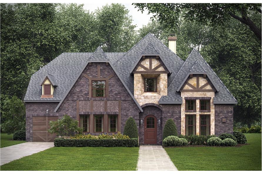 Color photo-realistic rendering of Tudor style home plan (House Plan #195-1025) at The Plan Collection.