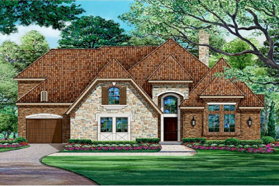 Front rendering of European home plan (ThePlanCollection: House Plan #195-1026)