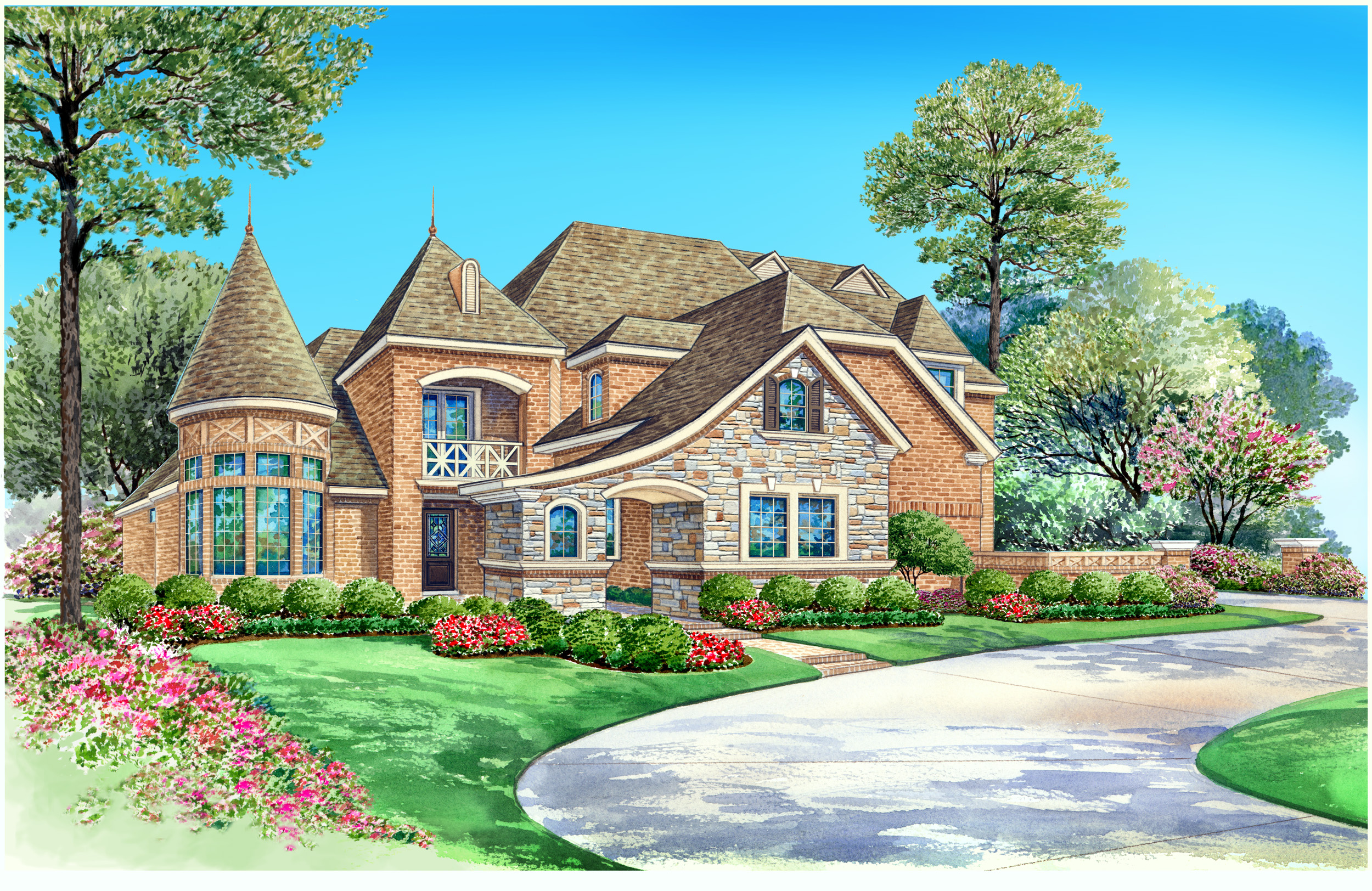 Color rendering of European style home plan (The Plan Collection: House Plan #195-1027).