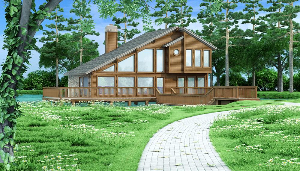 Color rendering of Vacation home plan (ThePlanCollection: House Plan #195-1031)