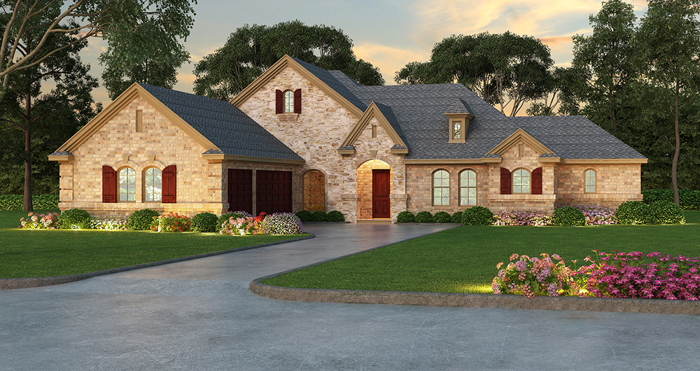 Front elevation of Tudor home (ThePlanCollection: House Plan #195-1032)