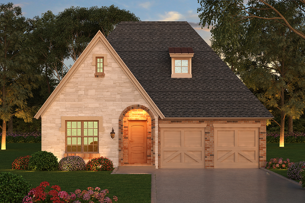 Front elevation of Tudor home (ThePlanCollection: House Plan #195-1043)