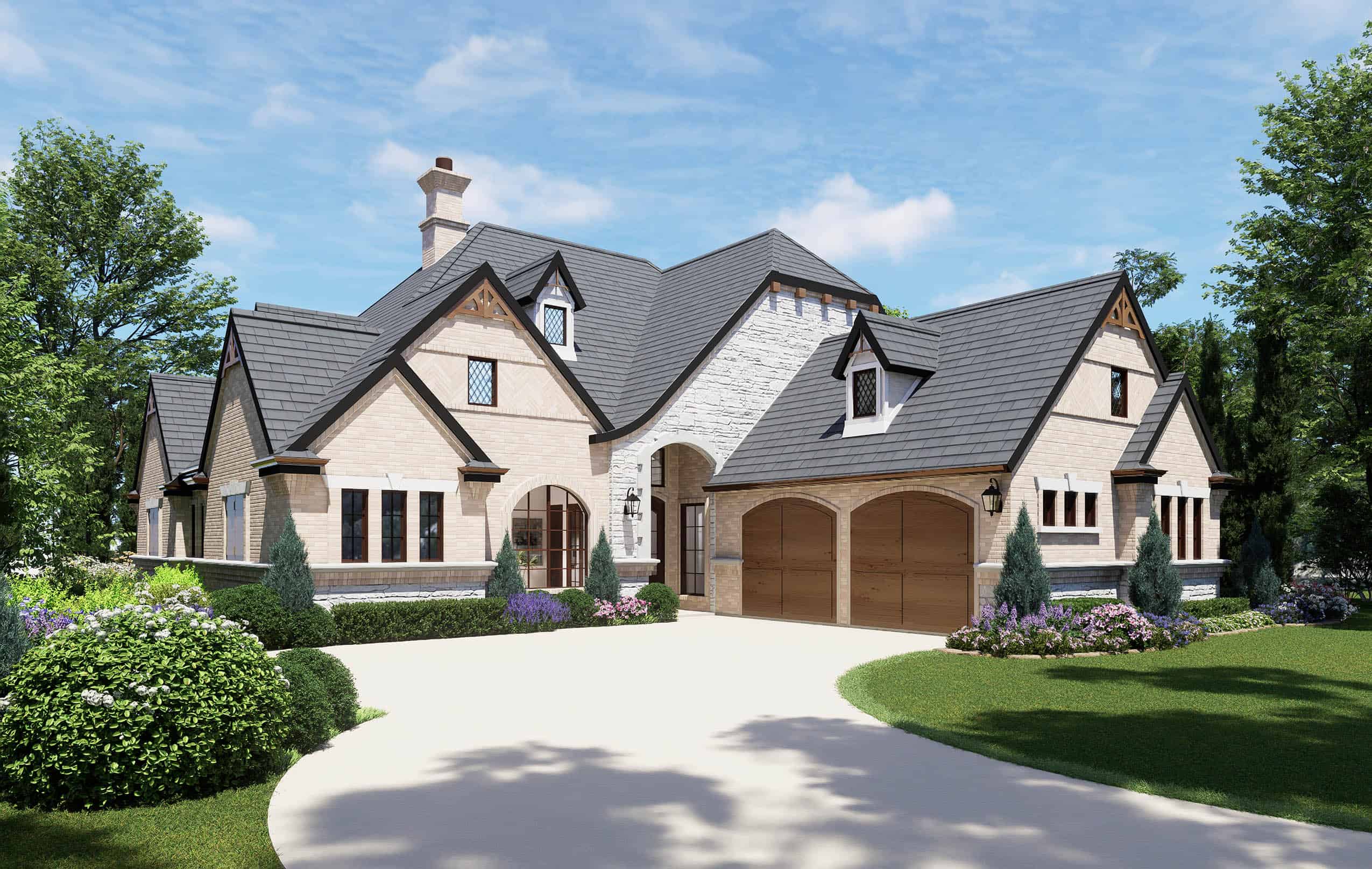 Front elevation of Tudor home (ThePlanCollection: House Plan #195-1067)